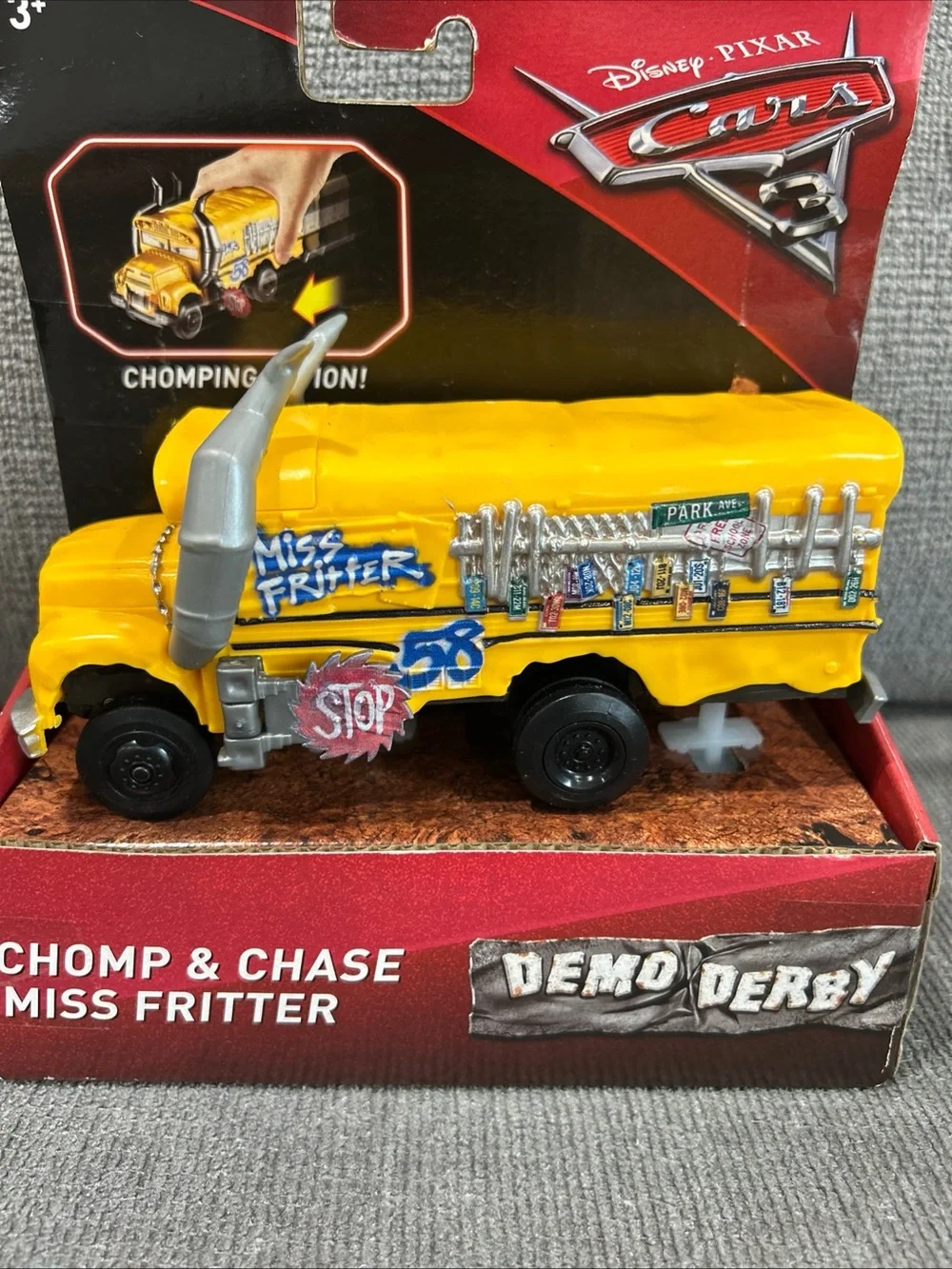 Disney Pixar Cars Chomp & Chase Demo Derby Miss Fritter School Bus Vehicle 2016